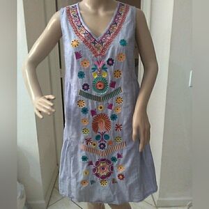 NEOT "SEE AND BE SEEN" Embroidered V-Neck Dress STRIPED W/ FULL FRONT EMBROIDERY